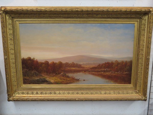 "Autumn in the Catskills" by Charles Wilson Knapp O/C: Oil on canvas "Autumn in the Catskills" by Charles Wilson Knapp (American, b. 1823, d. 1900), Executed 1879, Signed C. W. Knapp and dated '79 at lower left, 28" x 50", fine giltwood frameProvenance: P