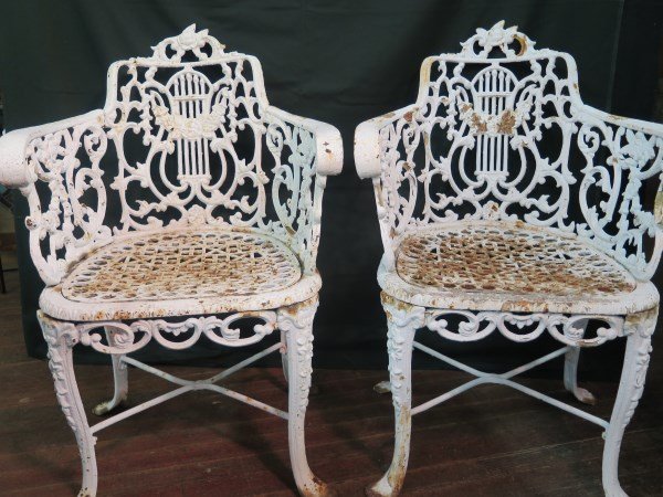 Robert Wood Foundry c. 1853 Cast iron garden chairs: Pair of Robert Wood Foundry c. 1853 Cast iron garden chairs, 34-1/2" H x 23" W x 23" D Provenance: Estate of Mark Ponton Inv.N/A