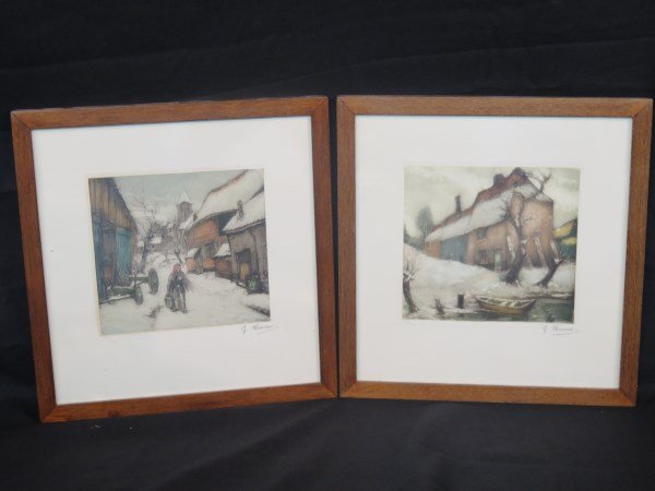 Two Color Etchings by Jacques Hervens (1890-1928): Two color etchings "Untitled (Winter Scene of a House by a River and Boat) by Jacques Hervens (Belgian, b. 1890, d. 1928), signed J. Hervens on the matte at lower right and numbered 132/300 at lower l