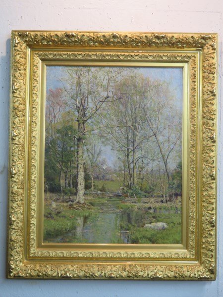 Edward Parker Hayden 1858-1922 "Spring Landscape": Oil on canvas "Spring Landscape" by Edward Parker Hayden (American, b. 1858, d. 1922), signed with initials E.P.H. at lower right, 35" x 28", ornate carved giltwood frame Provenance: Greenwich Gallery