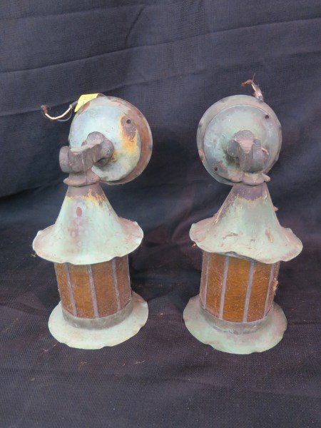 Exterior Arts & Crafts Copper Light Fixtures: A Pair of Exterior entryway Arts & Crafts copper light fixtures. Dimensions: 11" X 6" Inv.164