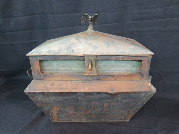 David S. Greenberg Commercial Peanut Roaster: A Commercial peanut roaster by David S. Greenberg, Tin smith & Hotel Suppliers New York. Decorative Patriotic Eagle finial at top. Late 19th or Early 20th Century. Dimensions: 17"w X 18"h X 11"d Inv.1