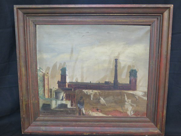 Walter Stuempfig 1914-1970 Oil on Canvas: Walter Stuempfig Jr. (1914-1970) O/C Industrial Scene 23 1/2 " x 9 1/2 " Inv. 176