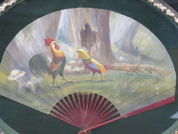 Late 19th Century Fan with Rooster & Hen in Shadow Box: Late 19th Century Handpainted Fan with Rooster & Hen in Landscape in Shadow Box Frame. 14" x 9" Fan only Condition" Frame shows some paint loss Inv. 187