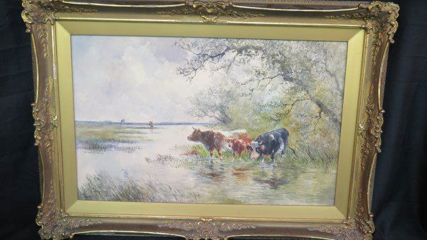 Hugo Fisher 1854-1916 - W/C Cows in Stream: Hugo Anton Fisher W/C Cows in Stream - Signed Hugo Fisher, Measures 27" x 17", Excellent condition