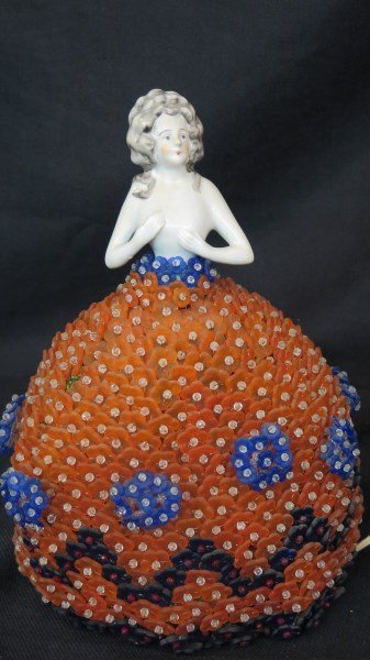Czechoslovakian Half Doll Lamp: Czechoslovakian Half Doll Lamp with Czech Glass Shade - Doll marked Made in Czechoslovakia, Doll measures 4-1/2" x 3", Shade measures 9" x 9", Some loss of glass - please see photo preview