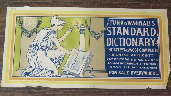Rare 1896 Original Advertising Poster for Funk &: George Wharton Edwards Art Illustration for Funk & Wagnalls Standard Dictionary. "For Sale Everywhere" c.1896. Would of been posted in book store or wheareabouts. Dimensions: 21.5" X 10.5"