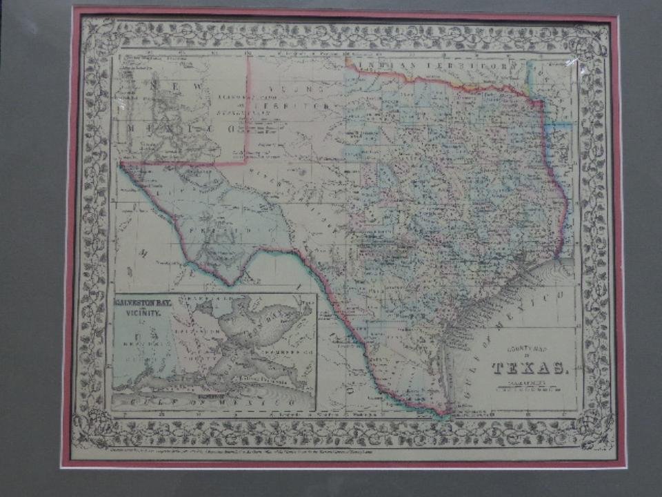 1870 County Map of Texas - Mitchell, Samuel A: Mitchell, Samuel Augustus. County map of Texas, hand-col. Philadelphia: W.H. Gamble, 1870 One hundred mile scale Dimensions: 9 1/4" X 11 7/8" Note: Insert of Galveston Bay and vicinity Inv.30