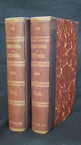 Pennsylvania at Gettysburg.. Volumes 1 & 2 1904 Edition: Nicholson, John, comp and ed. Pennsylvania at Gettysburg ceremonies at the dedication of the monuments.. 2 Vols. Harrisburg: William Stanley Ray, 1904. Stated 1904 Revised edition. Fine Moroccan leath