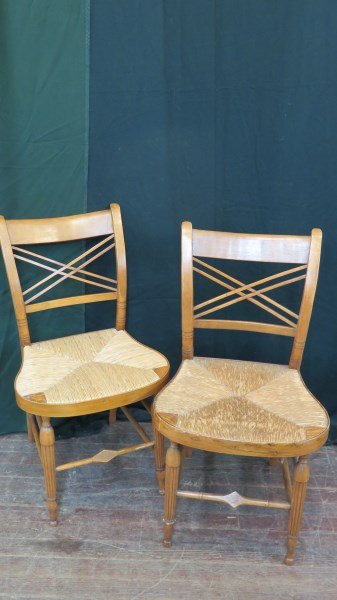 Pair Regency style chairs with Rush Seating: A Pair of Regency style chairs with rush seating. Fine condition. Dimensions: 33" X 19" X 19". Inv.445.