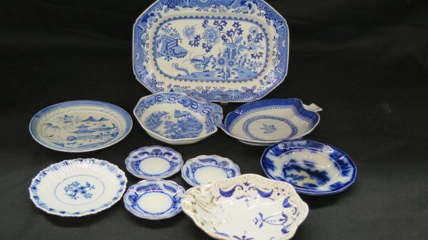 10pc. Compiled group of Estate Blue & White Porcelains: A 10 pc. compiled grouping of estate blue & white porcelains including Copeland Spode "Old Bedford" Meissen, Spode Willow Tray 10.25" X 7", Meissen, flow blue & butter pats. Please see photograph prev