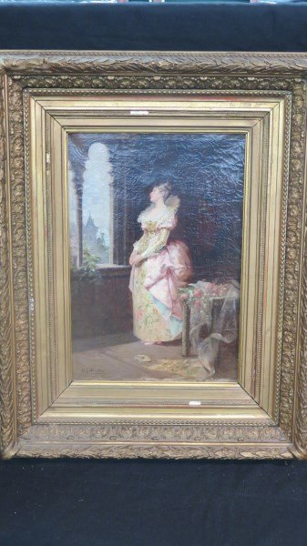 Manuel Gonzalez Mendez (1843-1909) O/C Portrait: Manuel Gonzalez Mendez (1843-1909) O/C Portrait of Lady in a Pink Dress. Signed M.g. Mendez lower left. Dimensions: 18.5" X 12.75" Provenance: Queens Village Estate