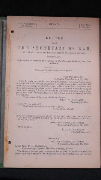 Letter from the Secty of War, to the Chairman.. 1879: Letter from the Secretary of War, to the Chairman of the Committee on Indian Affairs, communicating information in relation to the escape of the Cheyenne Indians from Fort Robinson by George W. McCrar