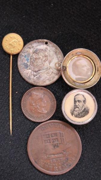 6 19th Century Political and Hard Times Buttons Tokens (1 of 2)