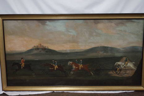 After James Seymour 1702-1752 "A Carriage Match": After James Seymour 1702-1752 "A Carriage Match against time, ran on Newmarket Heath, August 1750" Oil on canvas, After James Seymour (British, b.1702, d.1752) No visible signature, Molded gold and bl