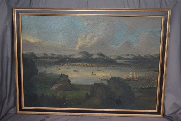 Oil on Canvas Harbor Painting with Ships (1 of 6)