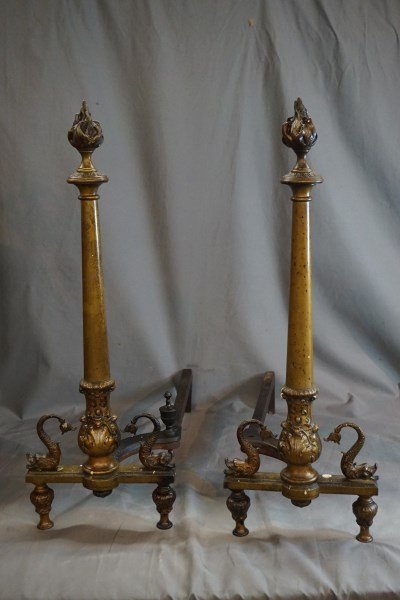 Bronze Flame Finial Victorian Dolphin Andirons (1 of 7)