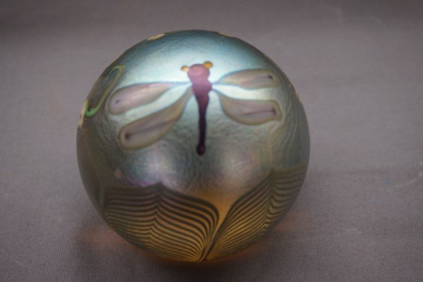 Orient & Flume Dragonfly Studio Art Glass Paperweight: An Orient & Flume Dragon Fly Art Glass Paperweight. c.1979.Signed at base.Dimensions: 3 1/2" Diameter