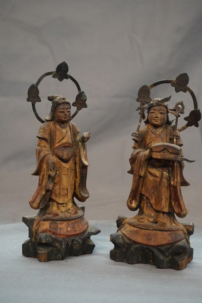Antique Chinese Wood / Metal Buddha  Figures, A Pair (1 of 7)