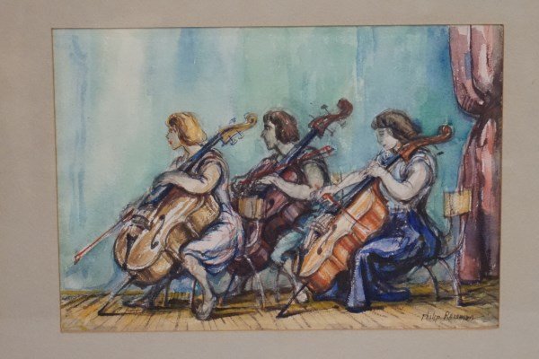 "Three Cellists" Philip Reisman (American, 1904-1991): "Three Cellists" 1966 Watercolor on paper Philip Reisman (American, b. 1904-d. 1991) Signed Philip Reisman in ink at lower right. Dimensions: 9" X 13" Matted in wood frame. Provenance: A Greenwich Vil