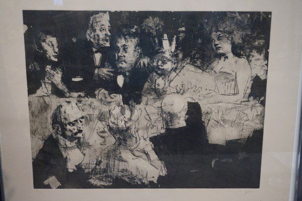 Jack Levine (1915-2010) Signed Lithograph: Untitled: Gathering.Artist: Jack Levine (1915-2010)LithographPencil signed lower right.Numbered edition 40/120Dimensions: 19.5" X 25"Provenance: Estate of Fred and Pepper Golden.Westport, CT_x000D_ _x