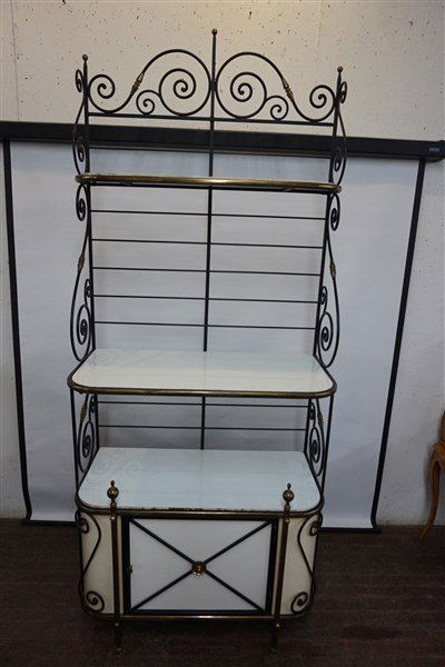 Impressive MCM Baker's Rack Carrara Glass Shelving: Ordered in 1964 by Architect designer M.Milton Glass from Green Metal Works 250 East 51st St. New York, New York. Description: #100 Baker's rack with 4 white carrara glass shelves. 1 door cabinet with
