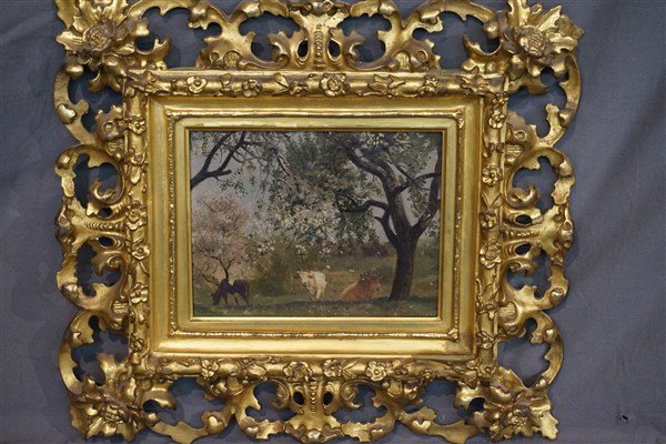 Henry Rankin Poore (1859-1940) Cows in Landscape: Henry Rankin Poore (American, 1859-1940) Cows in Landscape. Oil on board in fine giltwood frame. Signed H.R. Poore and inscribed "To Mrs. Joseph Rogers" Dimensions: 17.5" X 15" overall and 8.5" X 7" p