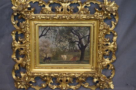 Henry Rankin Poore (1859-1940) Cows in Landscape: Henry Rankin Poore (American, 1859-1940) Cows in Landscape. Oil on board in fine giltwood frame. Signed H.R. Poore and inscribed "To Mrs. Joseph Rogers"Dimensions: 17.5" X 15" overall and 8.5" X 7" pa