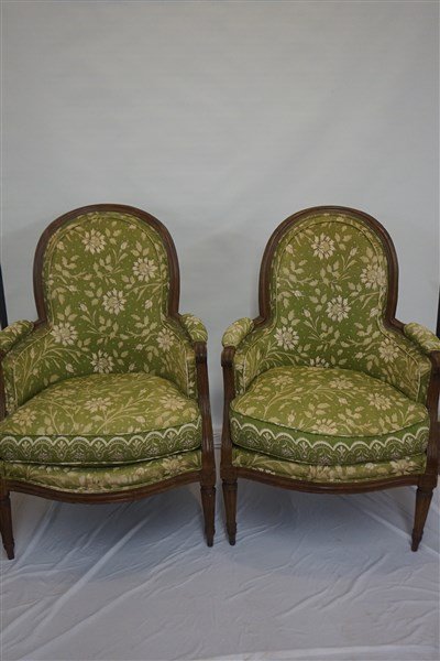 A Pair of Louis XV Fruitwood Bergeres: A pair of Louis XV fruitwood Bergeres. Dimensions: 39"h X 30"d X 26 1/2"w Provenance: A Manhattan, New York Estate