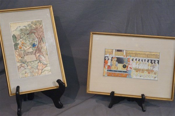 Two Mughal Style Oil Paintings: Two Mughal style oil paintings. Medium: Oil on bone or board. Dimensions: 8" X 4 1/2" and 8" X 4"