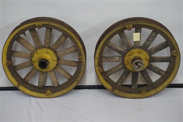 Antique Automobile Wheels Dodge pre-1920: Two antique automobile Wheels. Probably Dodge pre 1920. Dimensions: 20 1/2"diameter and 3 1/2" thick