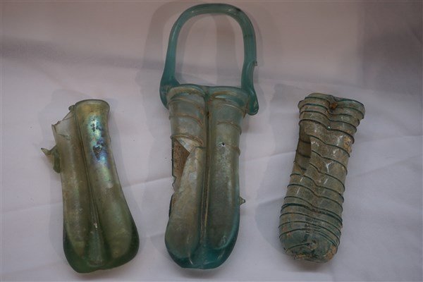 Three (3) Ancient Roman Glass Double Unguent Bottles (1 of 6)