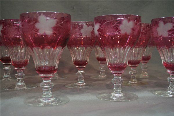 Twelve (12) Cranberry Flash Intaglio Cut Goblets (1 of 3)