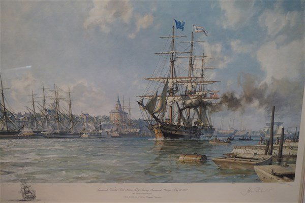 John Stobart (American b.1929) Savannah, Georgia: Artist: John Stobart (American b.1929) Lithograph Print.Titled: "Savannah" World's first Steam Ship Leaving Savannah, Georgia, May 20,1819.Signed in pencil John Stobart numbered 135/500 , Ship Remarqu