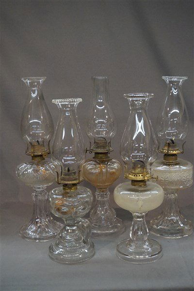Five (5) EAPG 19th c.  Glass Oil Lamps (1 of 3)