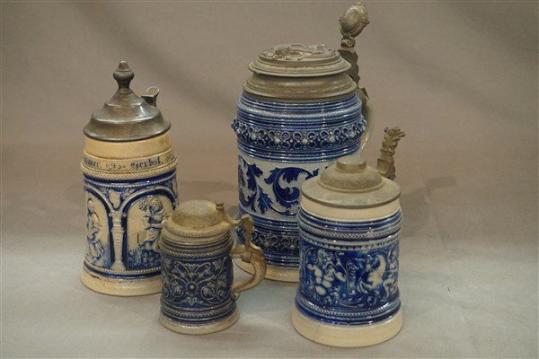 Four (4) Blue and White German Stoneware Steins (1 of 6)