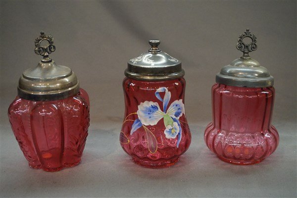 Three (3) Victorian Cranberry Glass Jars (1 of 3)