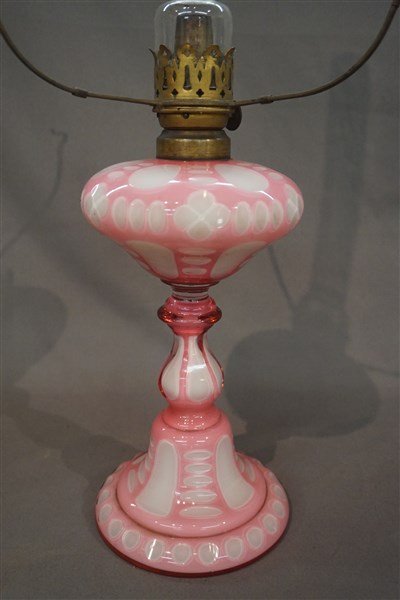 Victorian Pink Cut To Clear Cased Glass Oil Lamp (1 of 5)