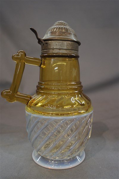 1880 Iridescent and Yellow Glass Syrup Pitcher (1 of 5)
