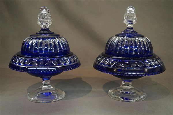 Two (2) Cobalt Blue Cut To Clear Covered Urns (1 of 5)