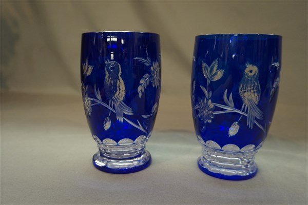 Two (2) Cobalt Blue Cut To Clear Intaglio Glasses (1 of 4)