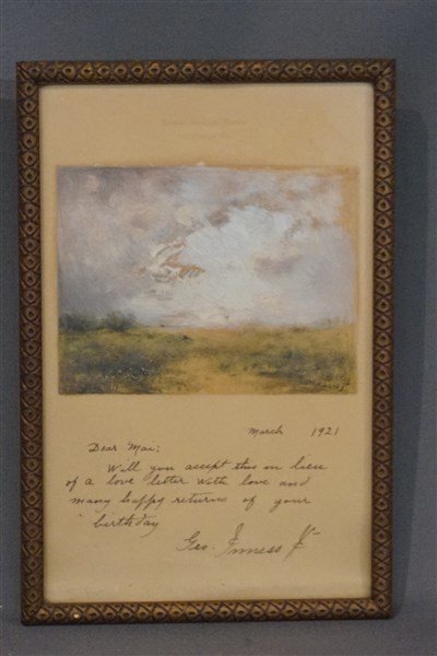 George Inness Jr. (American, 1854-1926) Inscribed: Untitled: Inscribed landscapeArtist: George Inness Jr. (American, 1854-1926)Signed: Inness Jr. Medium: Oil on paperHoused in original hardwood frame.Inscribed:March 1921Dear Mai, Will you accept this