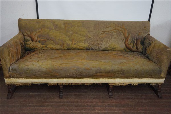 Baroque Style French Aubusson Sofa: A French Aubusson sofa with Baroque style frame. 19th century. Dimensions: 32"h X 74"w X 30 1/2"d Inv. 1