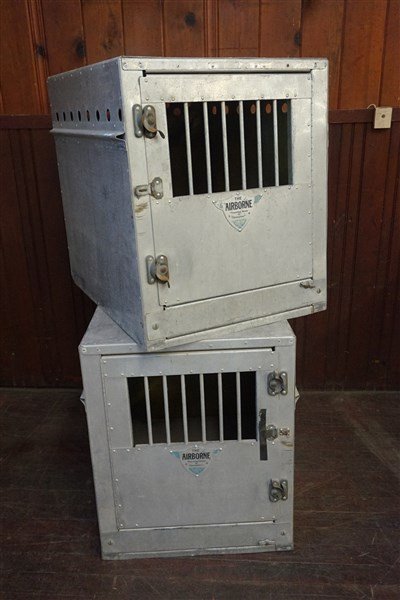Two (2) Vintage Airborne Aluminum Dog Crates: Two (2) Vintage airborne aluminum dog crates. Los Angeles, CA Dimensions: 24" X 24 1/2" X 20"