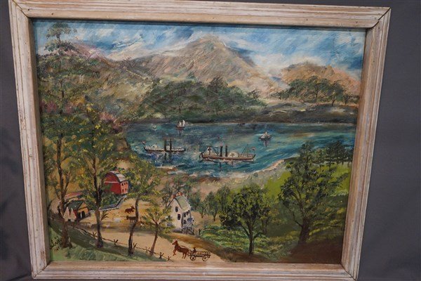 Manner of Grandma Moses Oil on Canvas: Untitled: Land and Sea painting in the manner of Grandma Moses. Signed: Gabriel 1964 Dimensions: 22 3/4" X 29"