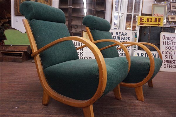 A Pair Art Deco Lounge Chairs: A fine pair of high quality Art Deco period lounge chairs. Poor upholstery. Dimensions: 39"h X 26"w X 39"D