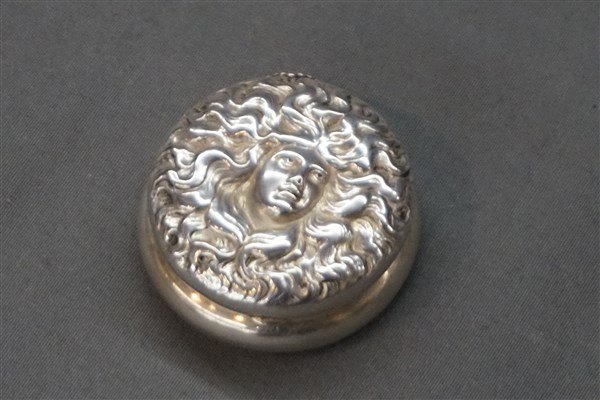 Art Nouveau Sterling Silver Pill Box: An Art Nouveau sterling silver pill box. Dimensions: 1 1/2" d