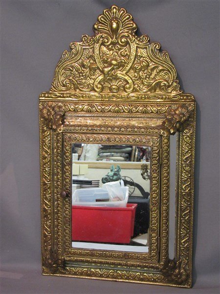 Continental Brass Mirrored Valuables Wall Cabinet: A fine Continental style brass cabinet with Three (3) dimensional mirrored panels. Opens to house keys, valuables etc. Latter 19th century. Dimensions: 25" X 14 1/2"