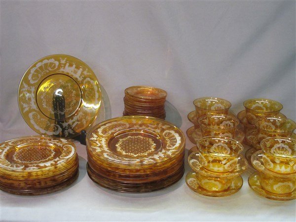 Bohemian Amber Etched Cut to Clear Glass Dish Service (1 of 3)