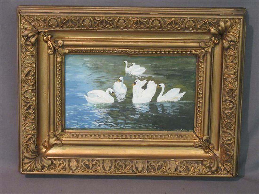 Arthur Heyer (German 1872-1931) Swans: Untitled: Swans in pond Artist: Arthur Heyer (German, 1872-1931) Signed: Heyer A. 97' Oil on board. Housed in a giltwood frame. Dimensions: 8" X 4 1/2"